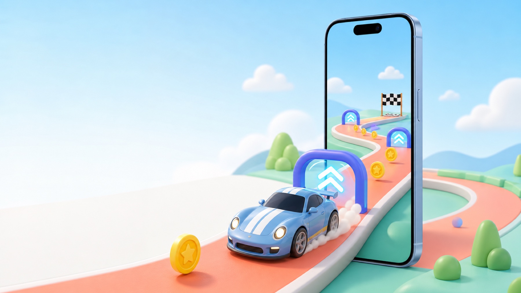A colorful hyper-casual racing game emerging from a premium smartphone