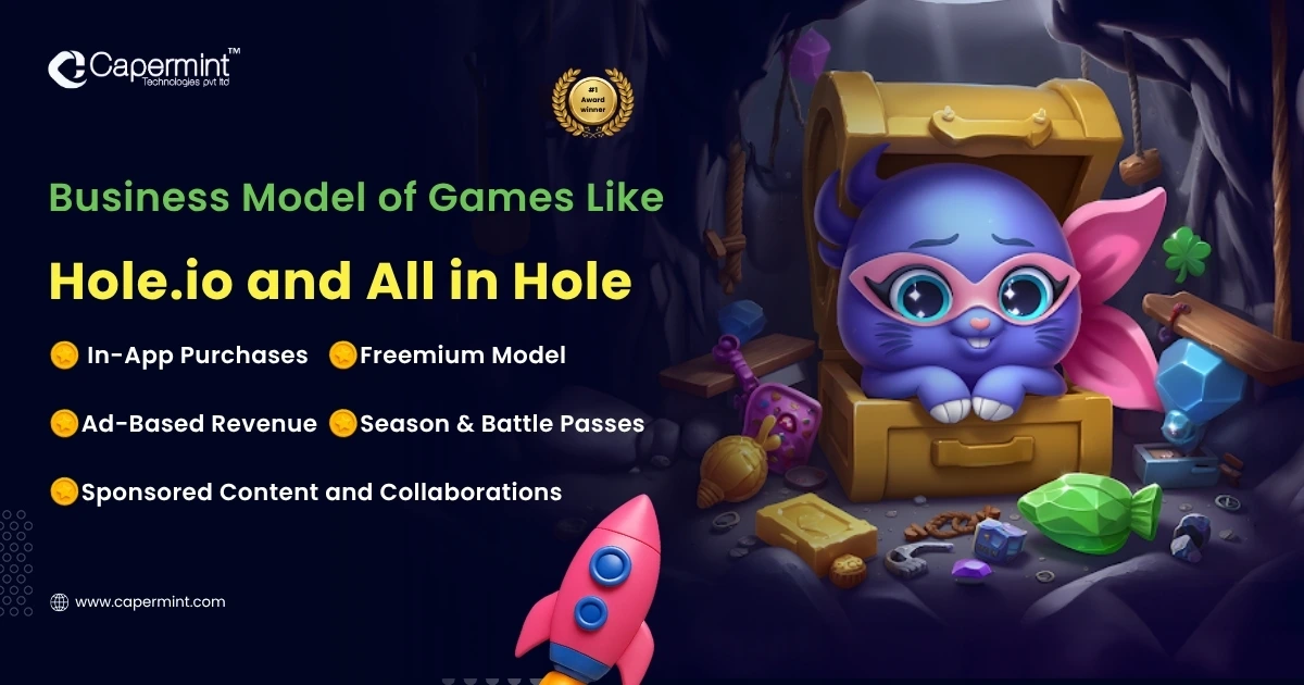 Business model of games like Hole.io and All in Hole, showcasing revenue streams such as ads, in-app purchases, and premium features.