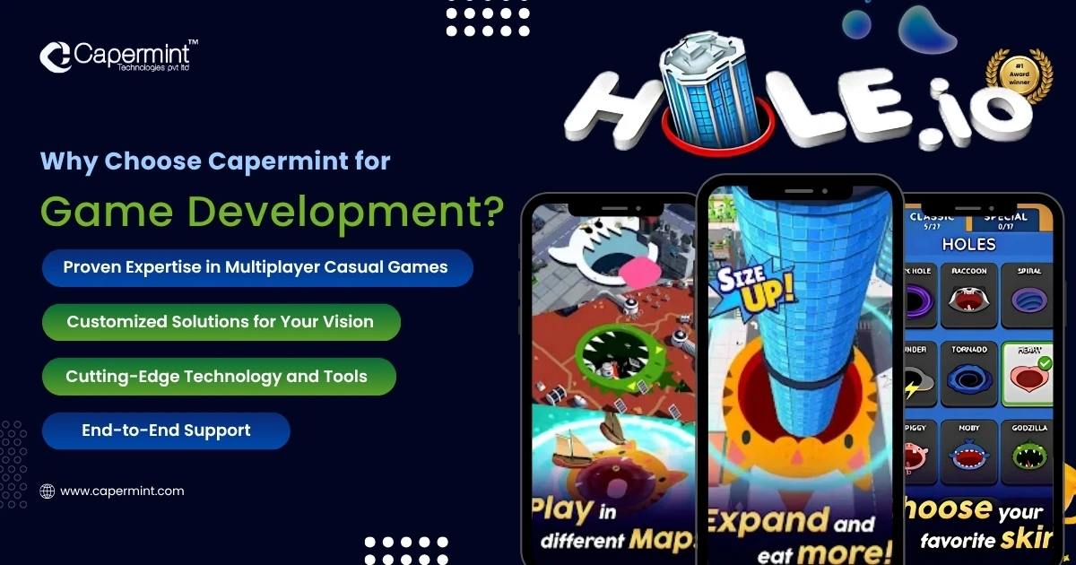 Why choose Capermint Technologies for game development, highlighting expertise, innovative solutions, and a dedicated team for creating games like Hole.io and All in Hole.