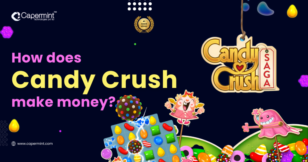 How Does Candy Crush Make Money – Banner with Candy Crush game graphics and text overlay.