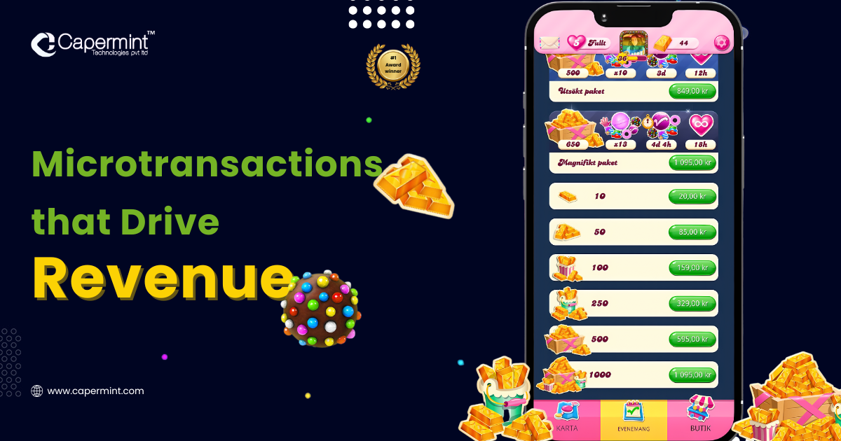 Candy Crush screenshot with text ‘Microtransactions that drive revenue’, representing in-app purchases like boosters, extra lives, and gold bars.