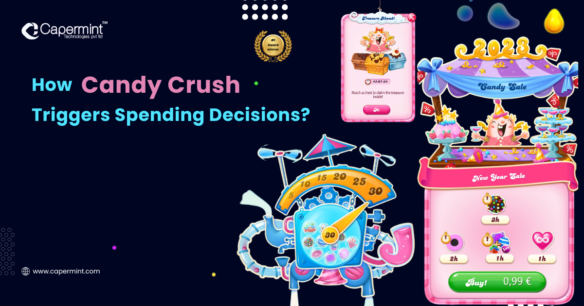 Candy Crush gameplay screenshot with text ‘How Candy Crush triggers spending decisions’, illustrating psychological tactics like scarcity, rewards, and sunk cost.