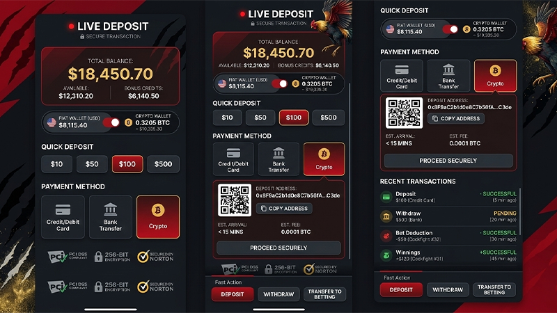 Mobile cockfight betting app split screen UI