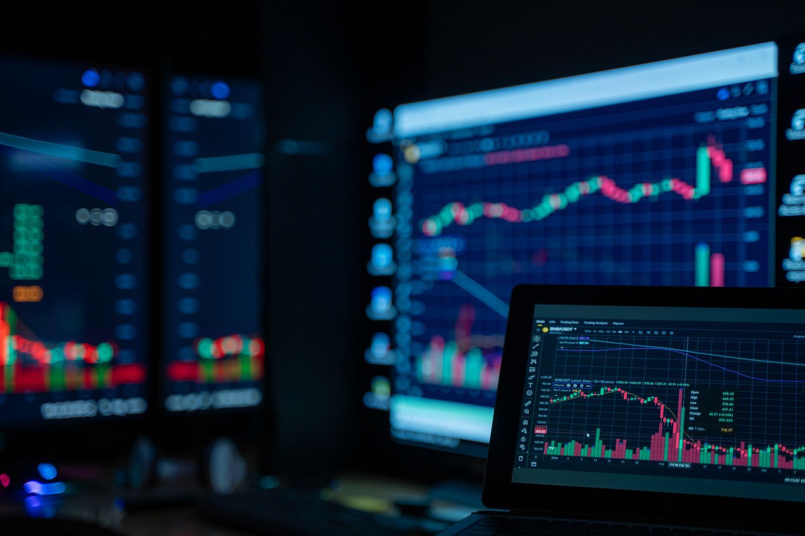 Monitors displaying market charts in a dimly lit trading room