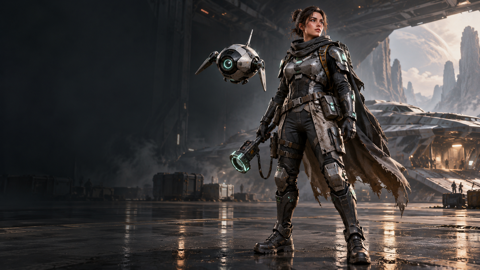 Original character-production concept: armored explorer and reconnaissance drone