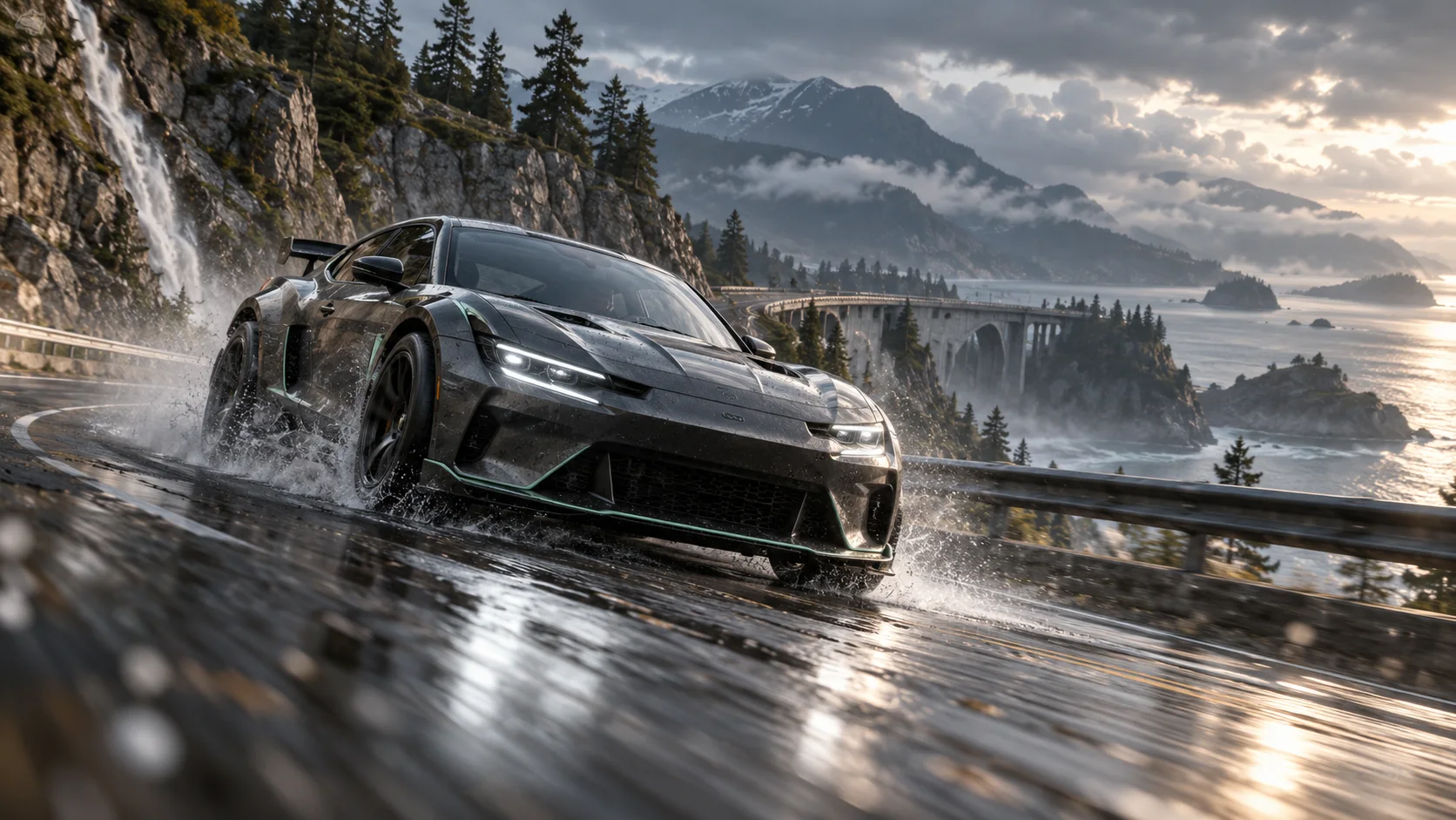 Original cinematic racing scene with an unbranded sports car, wet alpine road and coastal landscape