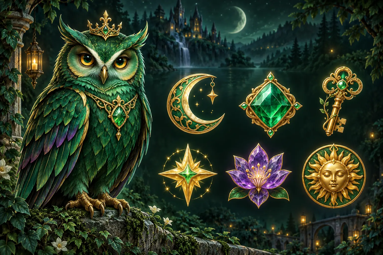 Crowned emerald owl, fantasy forest and a coordinated gold, green and violet slot symbol family.