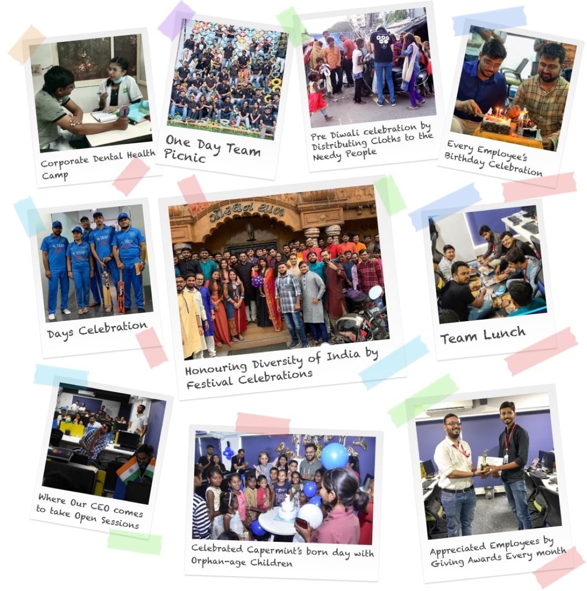 Archival collage of Capermint team picnics, festivals, sports, birthdays, charity activities, awards and company celebrations