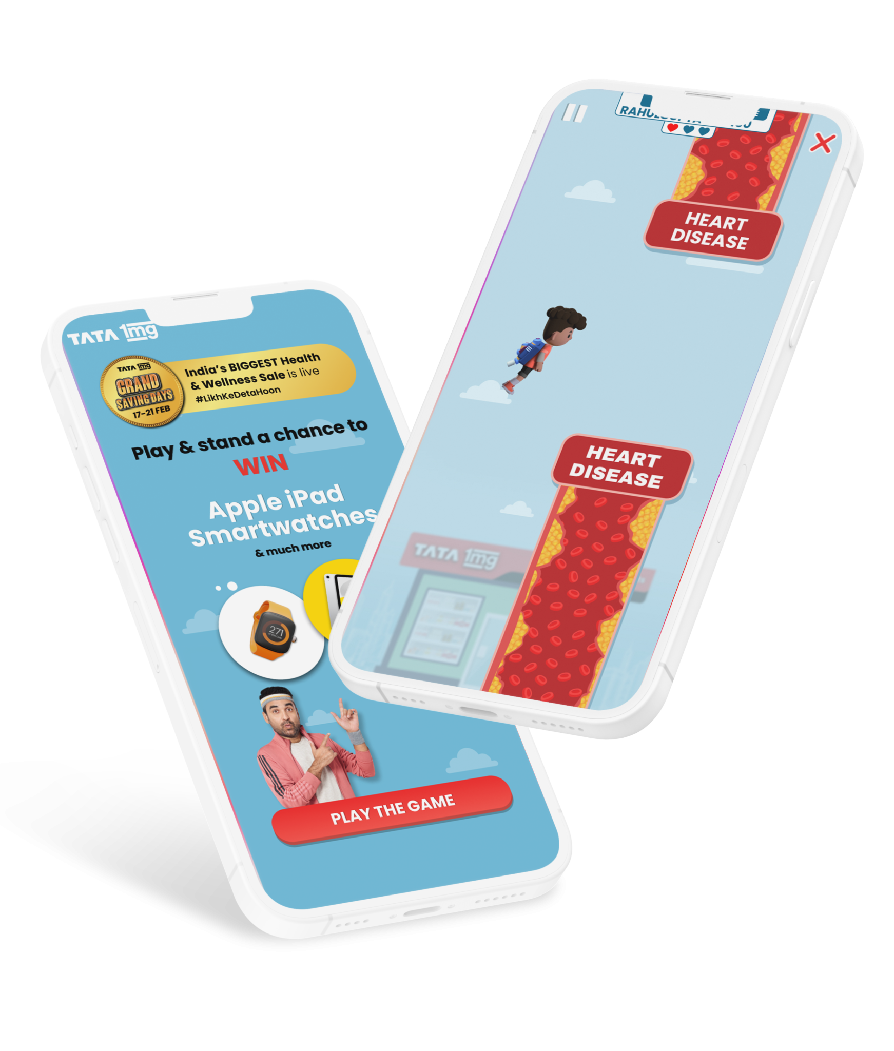 Tata 1mg healthcare game campaign displayed across two mobile screens