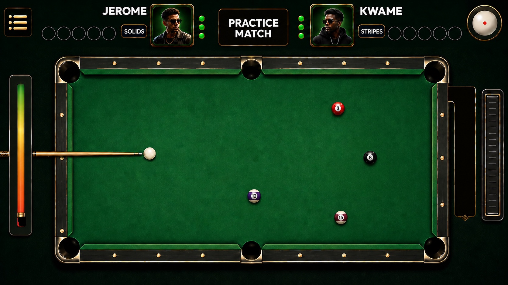 Complete dark-club green 8 ball pool gameplay interface with full six-pocket table, player HUDs, cue and power controls