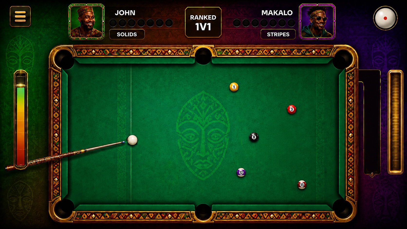 Complete African-inspired green 8 ball pool gameplay interface with full six-pocket table, player HUDs, cue and power controls