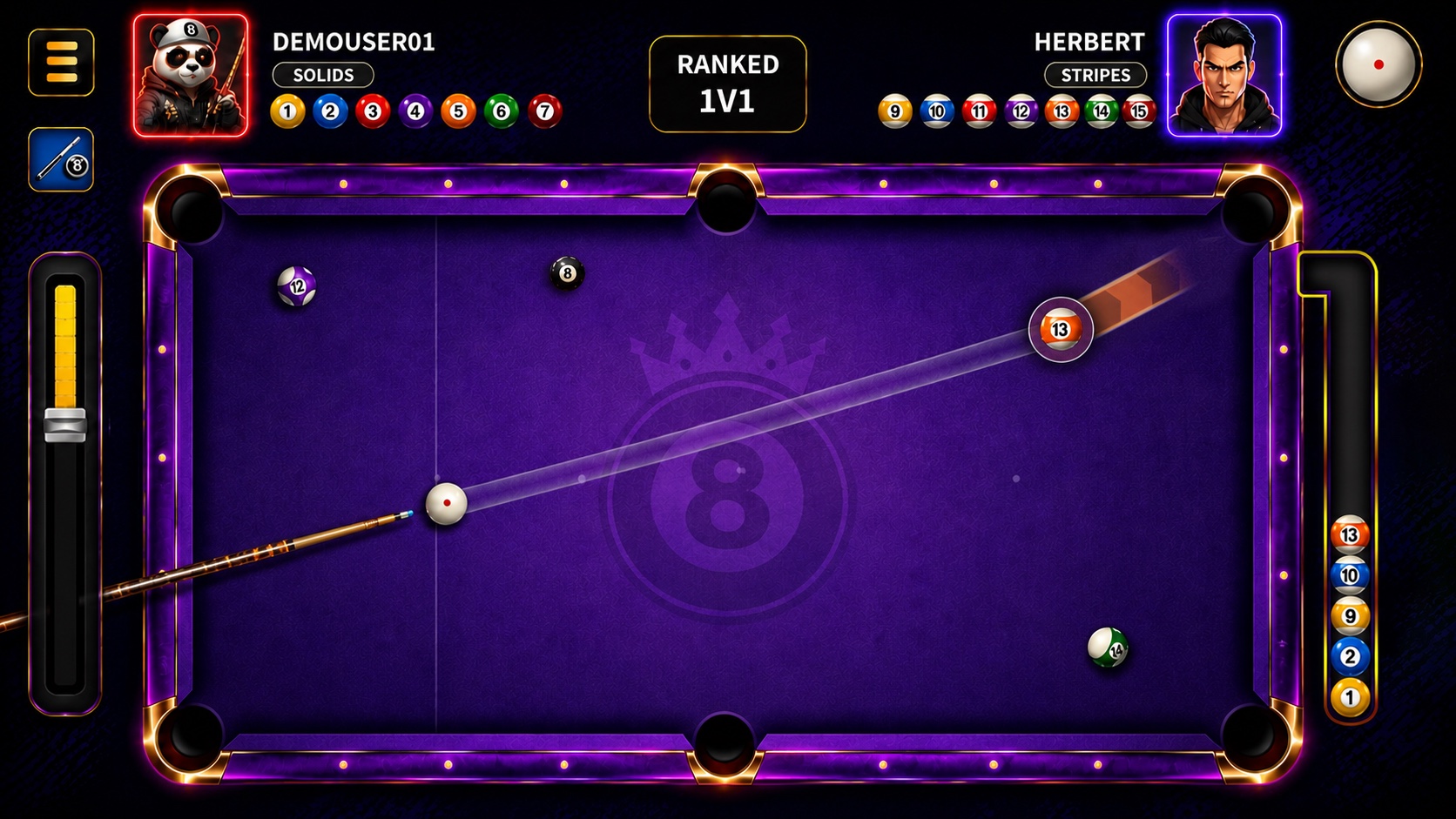 Complete purple 8 ball pool gameplay interface with two player HUDs, full six-pocket table, aim line, cue and power controls, spin control and remaining-ball tray