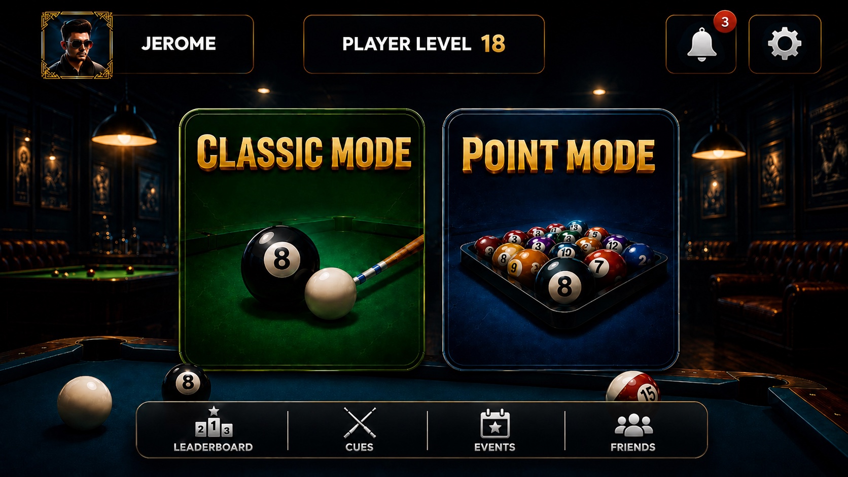 Complete premium pool game lobby showing player level, classic and point mode cards, leaderboard, cue, events and friends navigation