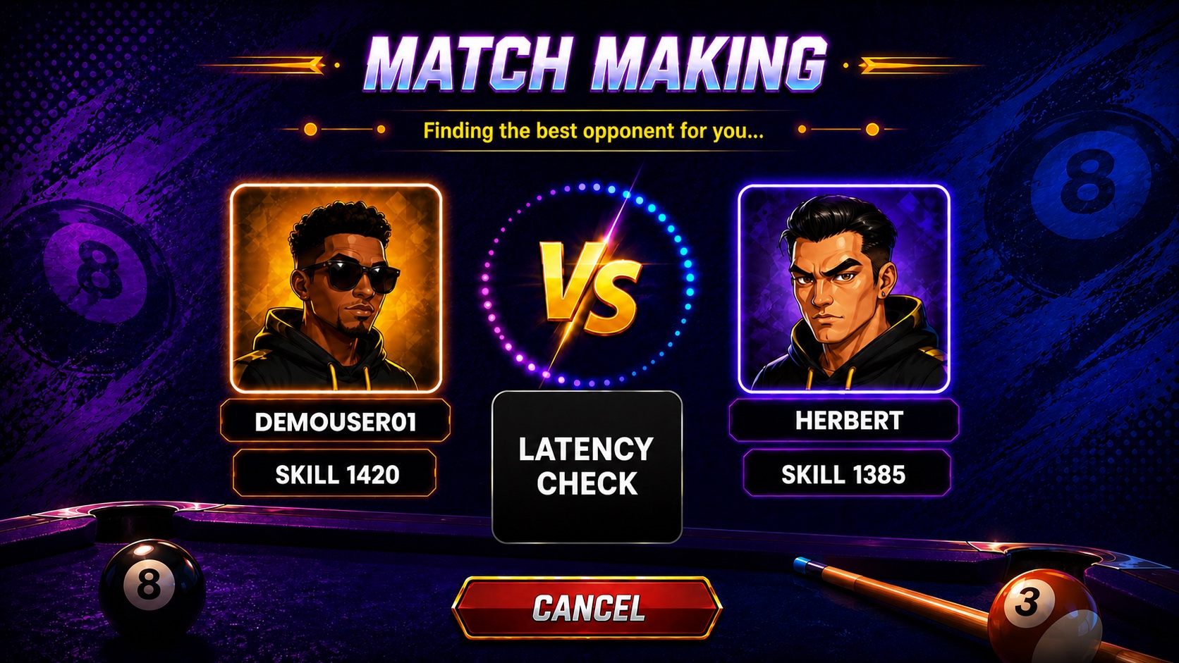 Complete 8 ball pool matchmaking interface showing both player cards, skill values, latency check, versus state and cancel control