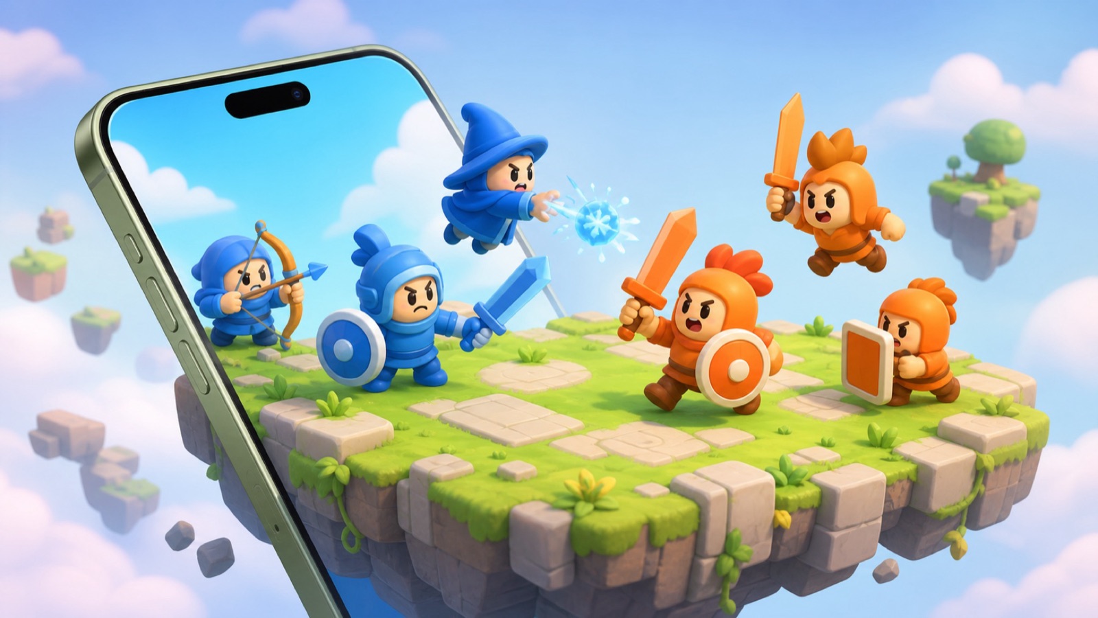 Original friendly hyper-casual battle teams playing across a Sage iPhone 17 and floating arena