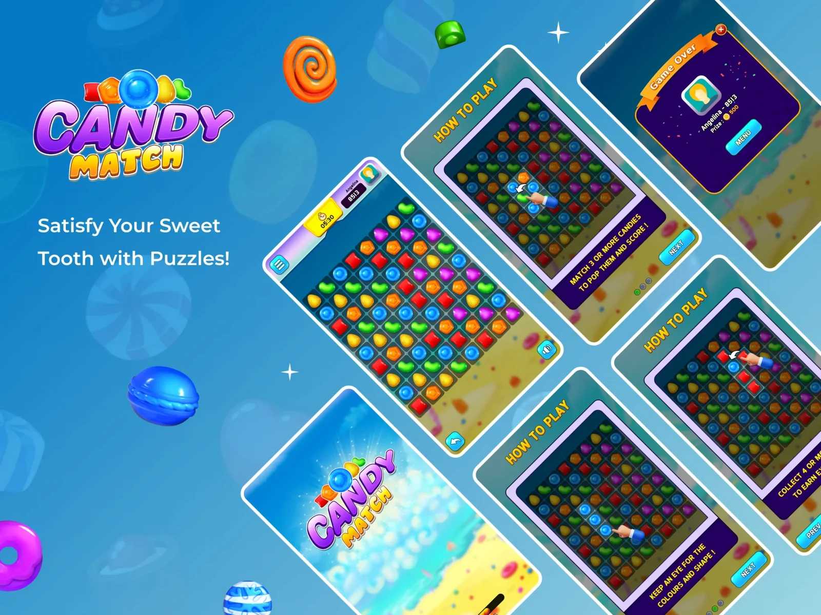Candy Match portfolio artwork showing a colorful matching board and instructions