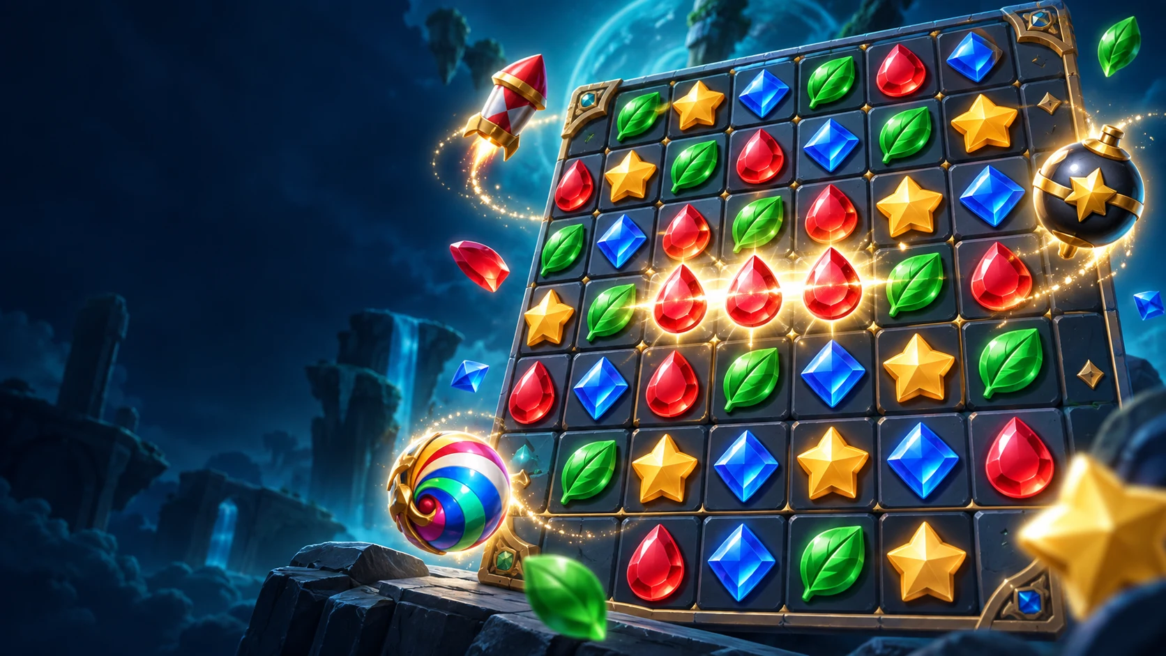 Original concept illustration of a jewel matching board and power-ups