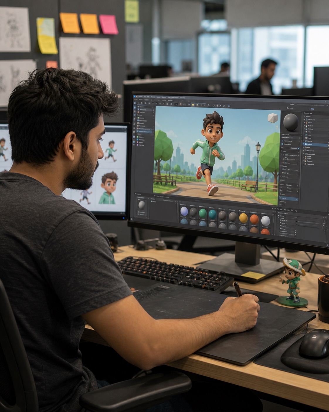 A game artist building an original hyper-casual runner character at a production workstation