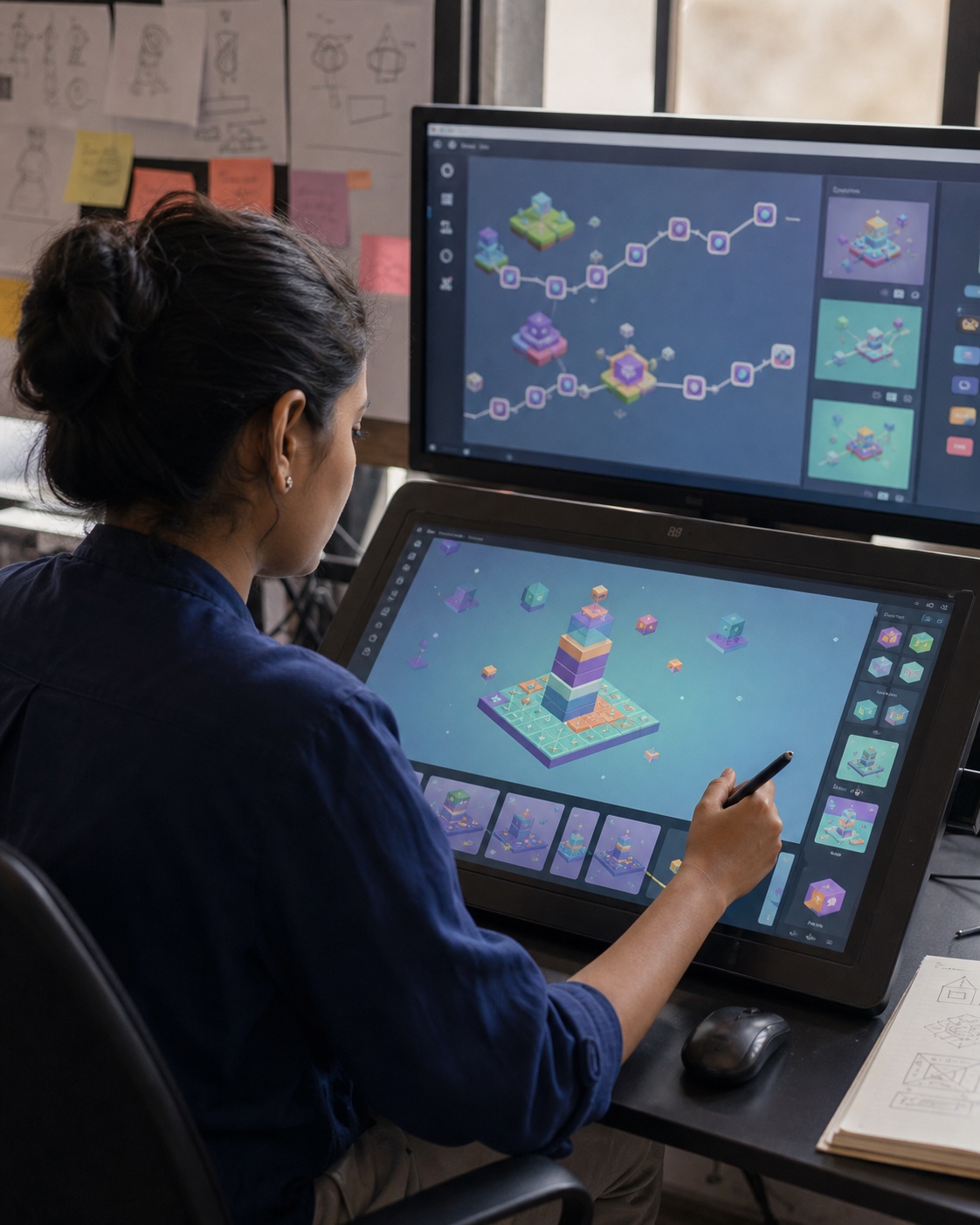A game UX designer shaping an original mobile puzzle level with a pen display