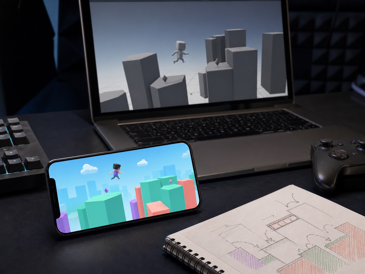 A mobile hyper-casual first playable beside the matching greybox prototype on a laptop