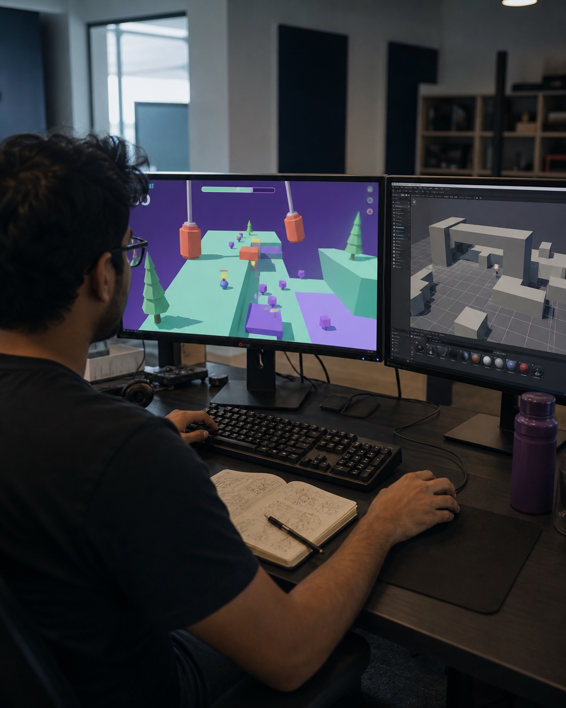 A game designer testing a colorful hyper-casual first playable beside its greybox level