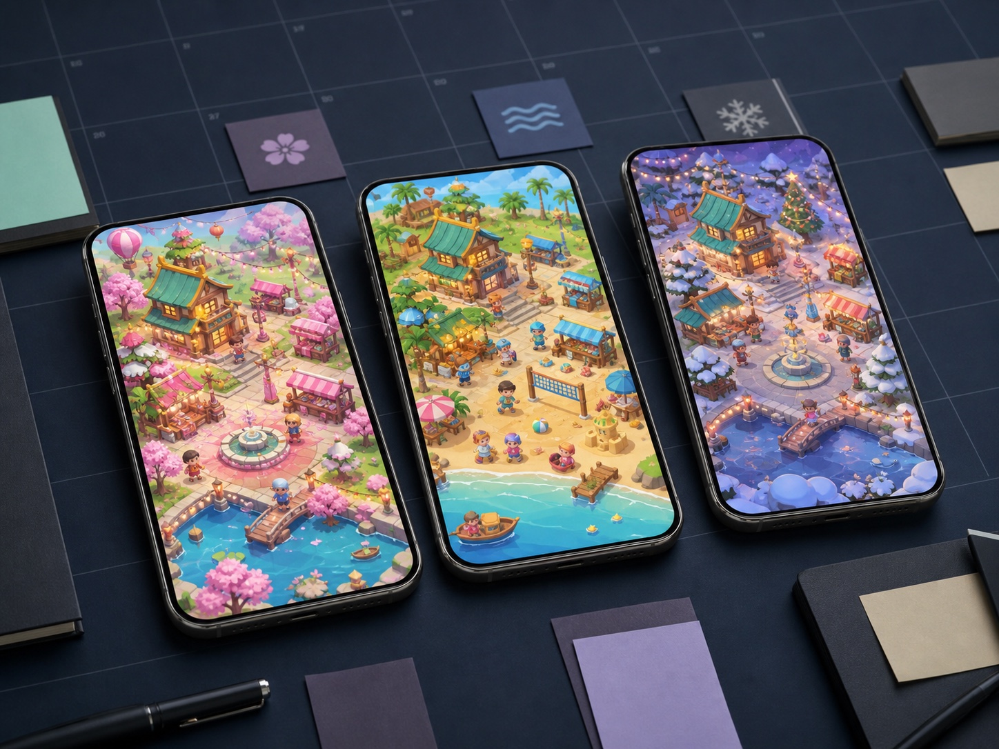 Three premium smartphones showing spring, summer and winter seasons of the same original town-building game