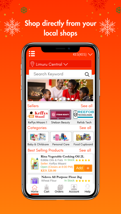 Official Keffys App Store screenshot showing local sellers, categories and products