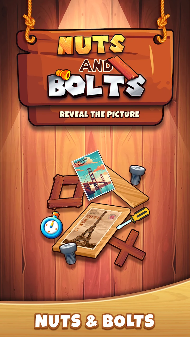 Nuts and Bolts title screen with wooden tools and picture cards